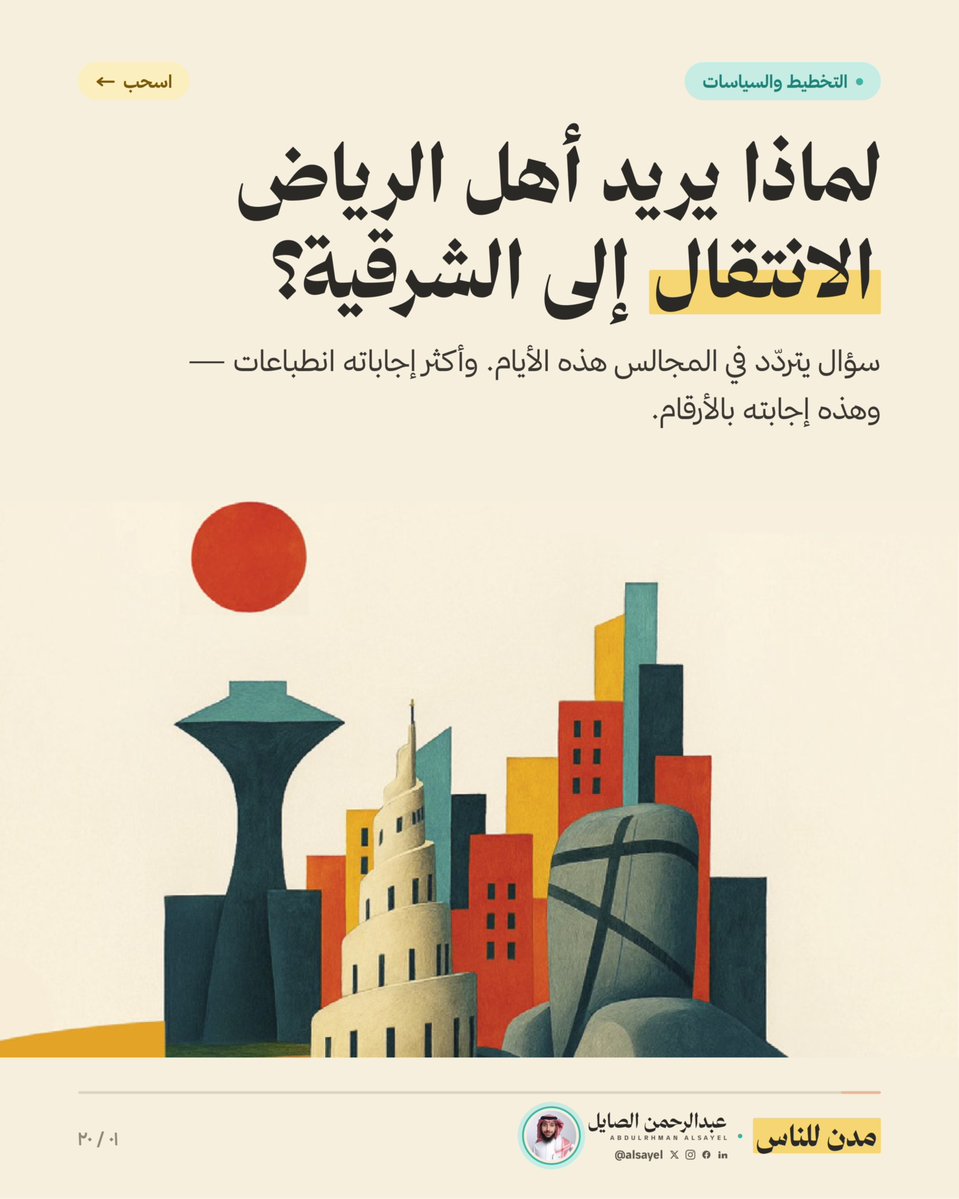 alsayel's tweet photo. «ليه أهل الرياض يبون ينقلون للشرقية؟»

في كل مرة تشتد فيها زحمة الدائري، أو تلتهم الإيجارات نصف الراتب، يتبادر إلى أذهاننا ذلك الهاجس المشترك: "ماذا لو حزمنا الحقائب واتجهنا شرقاً؟"
تبدو الفكرة مغرية… حتى تتذكّر حجم الفرص والحراك في الرياض. هل هذا وقت المغادرة فعلًا؟

قرّرت أن أجيب على هذا السؤال بطريقة مختلفة: بـ٢٢٠ مؤشرًا من تقريرين رسميين صدرا حديثًا عن هيئة تطوير المنطقة الشرقية @SDA_Sharqia : تقرير حالة التنمية في المنطقة الشرقية، والاستعراض المحلي الطوعي لأهداف التنمية المستدامة.
https://t.co/IDcOgzZ1RD
بدأت بما يجعل الانتقال خيارًا جادًا: العمل، والسكن، والخدمات، وكيف يقيّم السكان حياتهم. هل تؤيد الأرقام الصورة التي نعود بها من إجازة في الخبر؟

ثم جاءت الأسئلة التي لا تظهر في الصور التي تلتقطها عدسة الجوال: الرطوبة، والتنقل، واحتياجات الأسرة. ما الذي سيتحسن في يومك؟ وما الذي ستفتقده؟
البيانات تكشف عن سر قوتها الخفي، وهو مفهوم اقتصادي وحضري يُعرف بـ "الحجم المستعار" (Borrowed Size).

ماذا يعني ذلك بلغة حياتنا اليومية؟
في الرياض، أنت تعيش في عاصمة كبرى عملاقة ومركزية؛ كل شيء يحدث في بيئة عمل ديناميكية متسارعة وذات وتيرة عالية جداً. أما في الشرقية، فالنمط الحضري مختلف ومغرٍ بشكل آخر: أنت تسكن في مدينة هادئة وبتكلفة مختلفة (مثل الخبر)، ولكنك "تستعير" مزايا ومرافق وخدمات ٥ مدن كبرى متلاصقة حولك في نفس الوقت وبكل سلاسة. تسكن في هدوء الأولى، وتعمل في اقتصاد الثانية، وتتنزه في واجهة الثالثة، وتتسوق من الرابعة.. وكل هذا دون أن تفقد شعور الاتصال والانسجام الحضري.  تبدو معادلة رابحة!
لكن هذه المعادلة المغرية لا تأتي مجاناً؛ هناك "فاتورة صامتة" وتكلفة فرصة بديلة باهظة قد لا تنتبه لها في خضم الحماس. فهل تضحي بمنحنى صعودك المهني السريع في عاصمة القرار من أجل نمط حياة هادئ؟ وهل شبكة العلاقات والمشهد الثقافي والحيوي الذي بنيته لسنوات في الرياض يمكن استنساخه هناك بسهولة؟

سؤال أختم به: ساعتان يوميًا في السيارة تساويان شهرًا كاملًا من سنتك، وبالتالي شهرٌ تدفعه في الزحام، مقابل هدوءٍ وبحرٍ وجودة حياة — وأربعة أشهر رطوبة :)

فأيّهما تختار؟

لقراءة بقية المقال : 

لينكد ان:
https://t.co/Q7abg4YJWZ
انستقرام:
https://t.co/clqgMFkvEE

#مدن_للناس
#براند_المدن