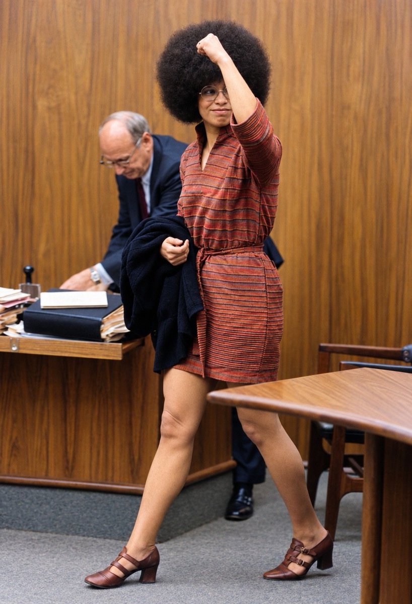 paige__gm's tweet photo. Angela Davis, age 28, raising her fist during her 1972 trial in California. Facing murder, kidnapping and conspiracy charges in a case that drew worldwide attention, Davis became the center of the international “Free Angela” movement—and on June 4, 1972, a jury acquitted her on all charges.