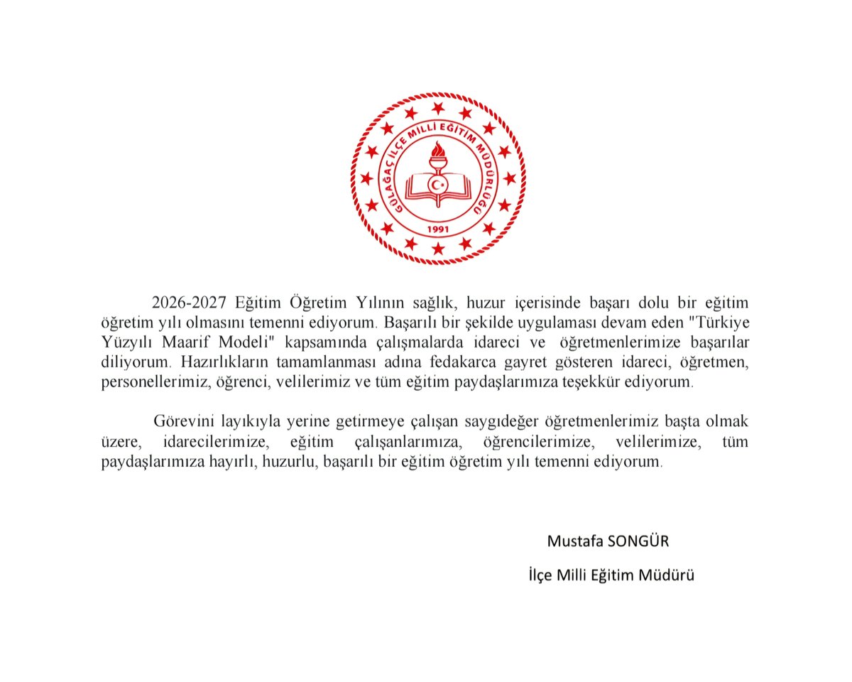 GulagacMEM's tweet photo. İlçe Milli Eğitim Müdürümüz Sn.Mustafa SONGÜR'ün 2026-2027 Eğitim Öğretim Yılı mesajı https://t.co/E3lA3iwlee