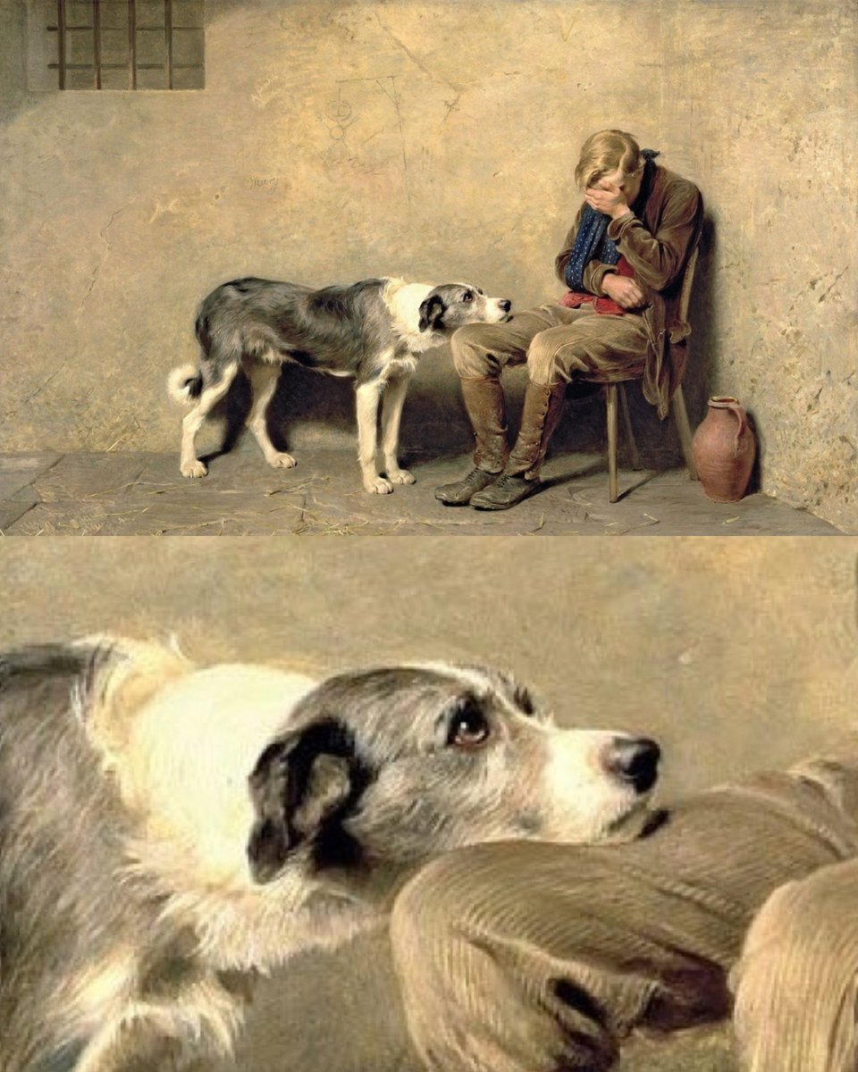 JamesLucasIT's tweet photo. Anyone who has ever had a dog knows this look. It's the one they give you when they can tell something is wrong, and they have decided they are not leaving your side...

This beautiful painting is called Fidelity, and it was made by British artist Briton Rivière in 1869. A young man sits in the corner of a cold prison cell, awaiting trial. He is a poacher, caught taking game in an age when that could ruin a life. And pressed against his knee, gazing up into his face, is his dog, who has followed him even here.

You cannot see the man's face, Rivière hides it so that the entire emotional weight of the painting falls onto the dog. We are left to read the man's sadness in the animal's eyes.

The dog knows nothing of poaching or laws. It only knows that its person is hurting. And anyone who has ever loved a dog knows that look: "I don’t understand what has happened, but I know you are sad, and wherever you go, I will go too." The cold, the fear, the locked cell, none of it matters. Leaving him was never even a choice...

That is the meaning of the title Rivière chose for the painting: Fidelity. Faithfulness that asks for no reason and no reward. As American humorist Josh Billings once said: "A dog is the only thing on earth that loves you more than he loves himself."