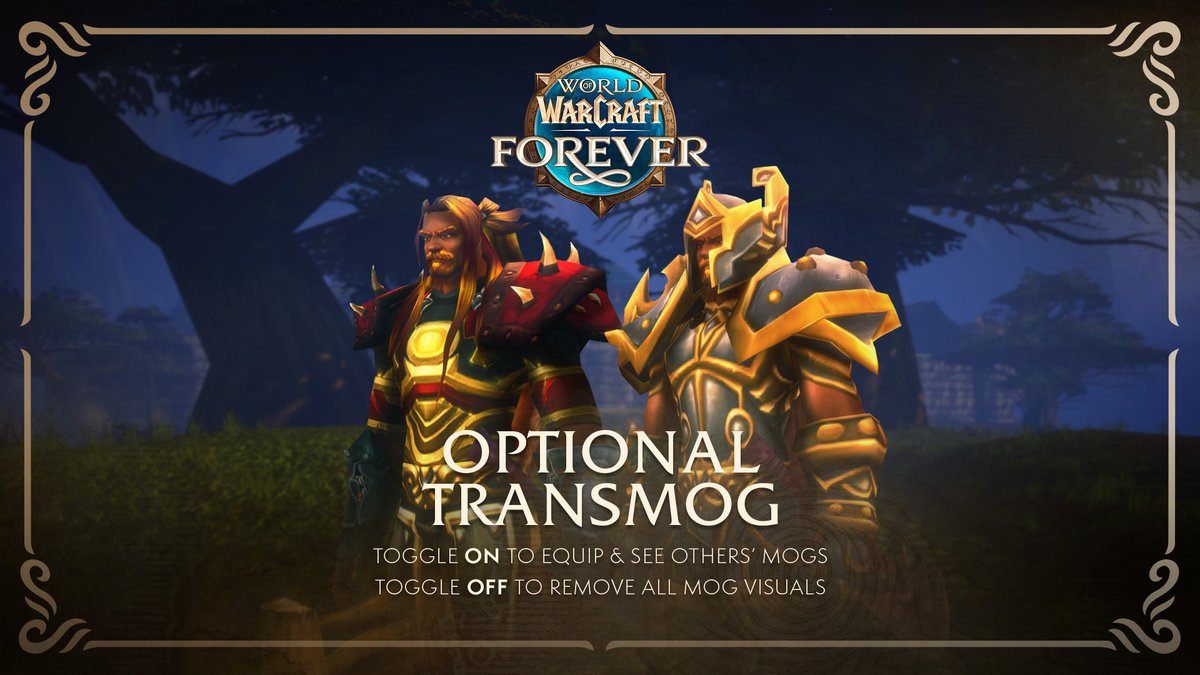 Warcraft's tweet photo. Optional transmog means maximum choice and flexibility 🧍‍♀️🧍‍♂️

Toggle on to equip your dream fit and see other mogs, or toggle off to keep that Classic feel with no mogs on anyone. https://t.co/QrEKyWNsCT