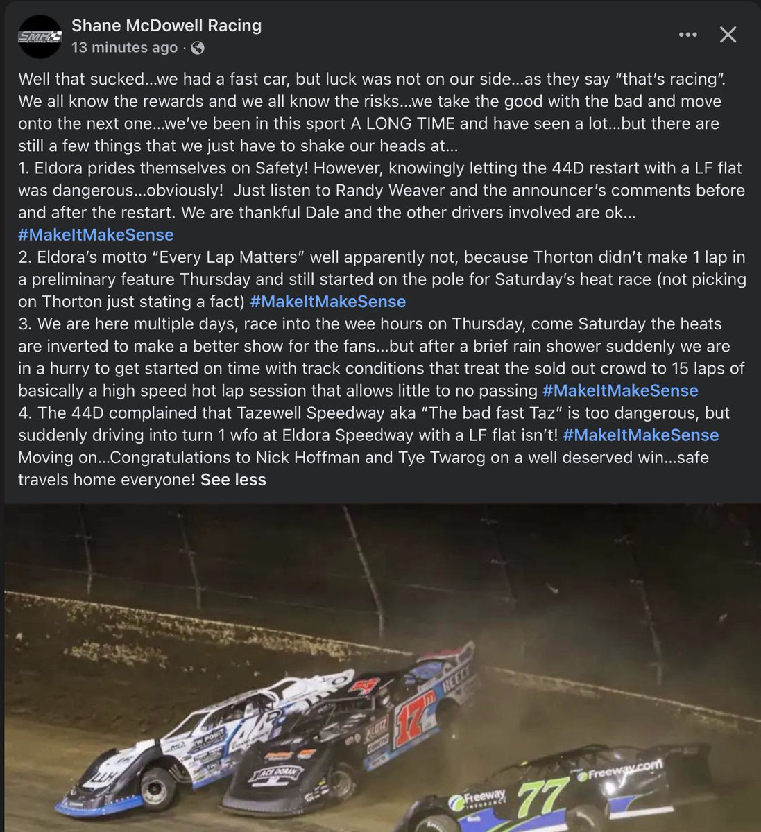 ByKyleMcFadden's tweet photo. Shane McDowell — brother, car owner and crew chief of Dale McDowell — vents his frustration after their #World100 ended with a heat-race wreck. https://t.co/X4noVO6AZj
