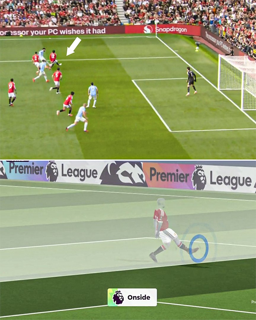 ESPNUK's tweet photo. VAR determined that Patrick Dorgu kept Erling Haaland onside for his goal in the Manchester derby.

The margins are THAT fine 😮 https://t.co/AOT37cOIaz