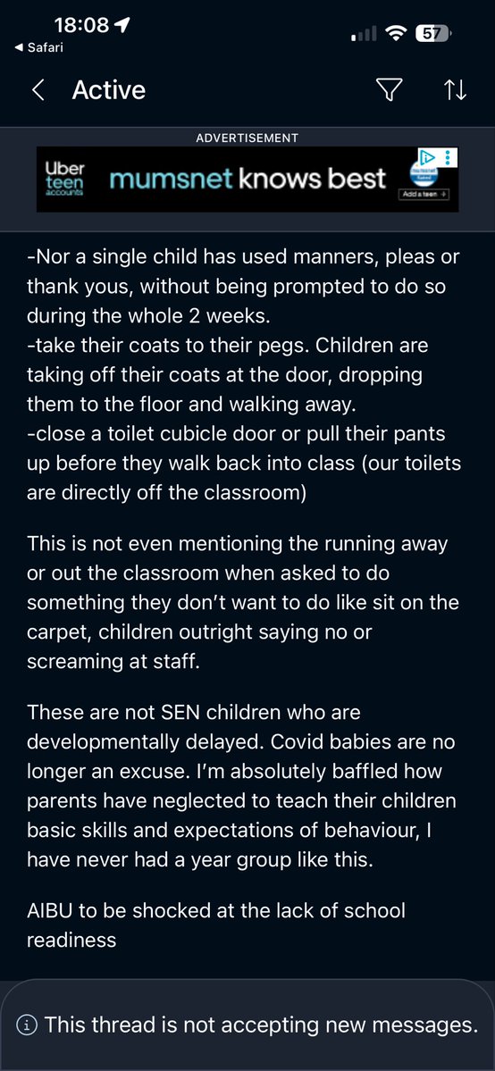NoLongerTheFuzz's tweet photo. I’m shocked at this Mumsnet post on kids that are starting school 😳 is this passing for normal now?! 👇 https://t.co/yHVehN03h6