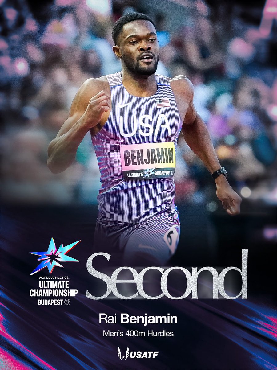 usatf's tweet photo. Rai really went for it in Budapest 😮‍💨

Rai Benjamin completes an ambitious 400m/400m hurdles double with runner-up finishes in BOTH events, clocking 44.15 in the 400n and 46.40 in the 400m hurdles. 🇺🇸

What a weekend of racing 👏

#TeamUSATF | @WAultimateChamp https://t.co/vZAwKayxCE