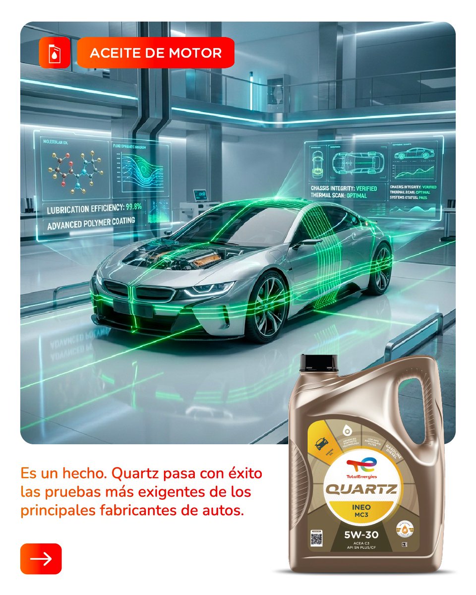 AltaCreena7zdu's tweet photo. La confianza de las grandes automotrices se gana en el laboratorio y se demuestra en la ruta. Los lubricantes Quartz de TotalEnergies cumplen los estándares de calidad y desempeño que los motores actuales necesitan. Encuéntralos con nuestro https://t.co/Batp3u4gw7
