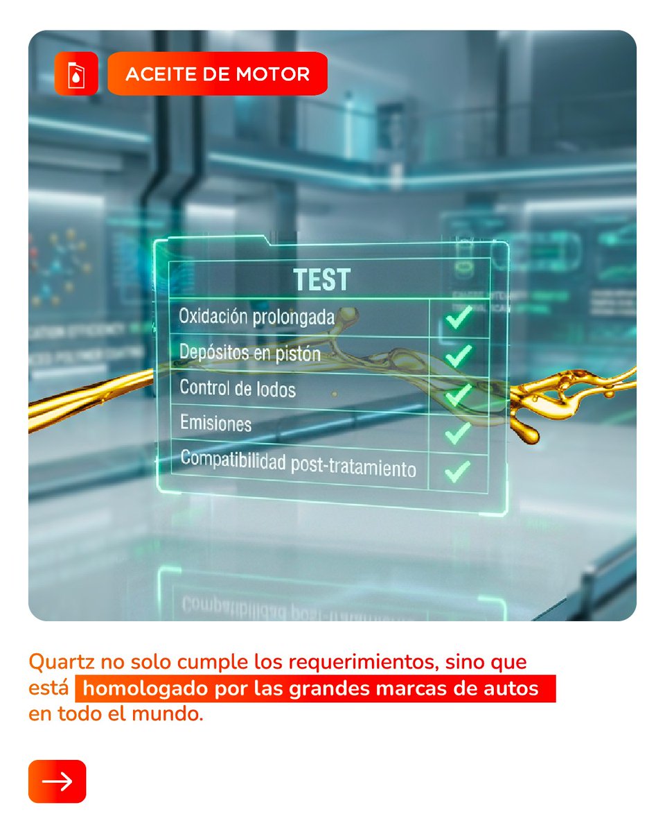 AltaCreena7zdu's tweet photo. La confianza de las grandes automotrices se gana en el laboratorio y se demuestra en la ruta. Los lubricantes Quartz de TotalEnergies cumplen los estándares de calidad y desempeño que los motores actuales necesitan. Encuéntralos con nuestro https://t.co/Batp3u4gw7