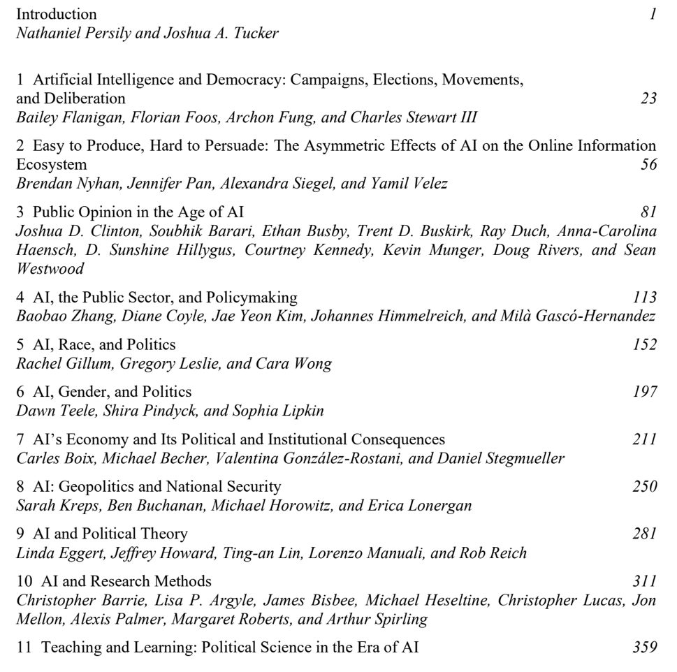 BrendanNyhan's tweet photo. Now online: AI, Politics, and Political Science edited by @persily and @j_a_tucker with many chapters by great folks, including ours on the effects of AI on the online info ecosystem https://t.co/eQn8GZ12z2