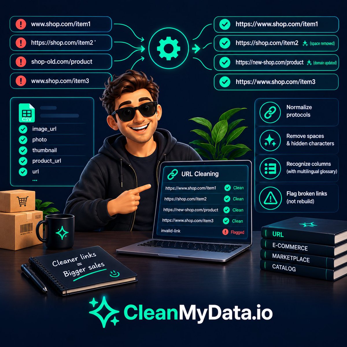 Cleanmydata_io's tweet photo. 💻✨ Broken product links can quietly kill a marketplace sync: missing protocols, stray spaces, links still pointing to a dead domain.

Here's how our engine catches and fixes that kind of mess before it reaches your catalog: 👇

https://t.co/xk0mNaLsOm https://t.co/lNHobaiFdn