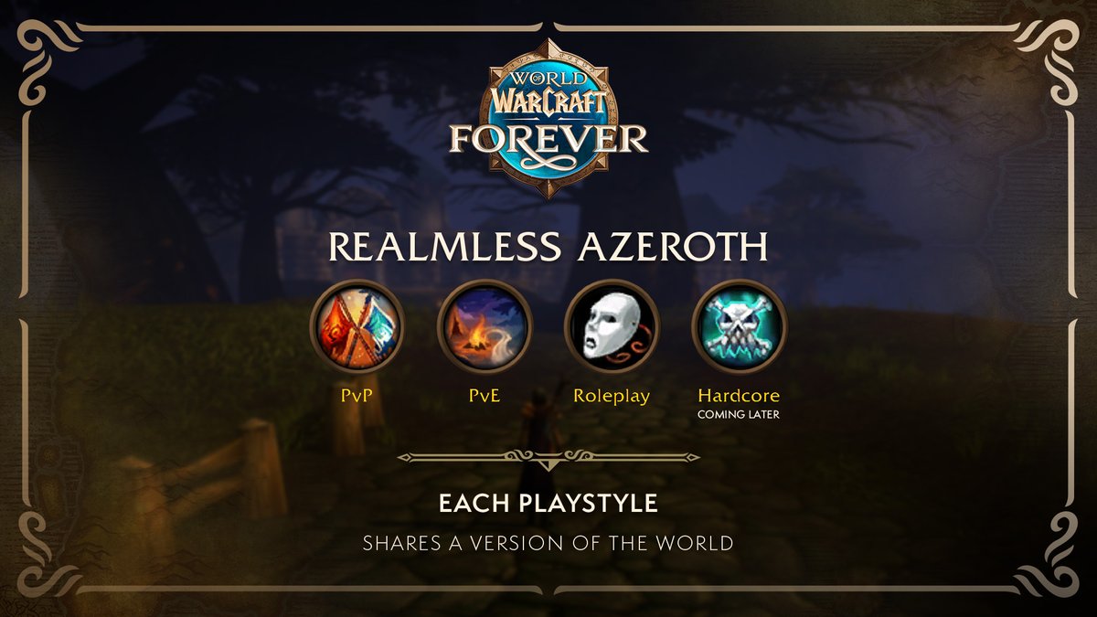 Warcraft's tweet photo. WoW: Forever goes Realmless! Pick game rules then start your journey 🏃 

⚔️ PvP 
🏕️ Normal 
🎭 RP
☠️ Hardcore 

Share a world with people who play the same way. Dead Hardcore characters can join a new one 🪦 https://t.co/rS03CNi7kK