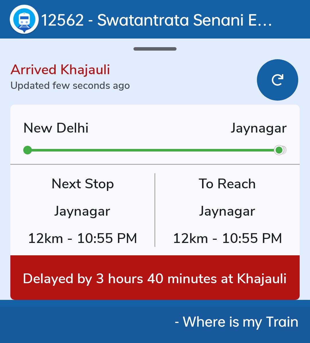 Cpimjaynagar's tweet photo. Check out the running status of Swatantrata Senani Express

 https://t.co/wGoqe1Lu5N
@spjdivn https://t.co/FgqdZNzZen