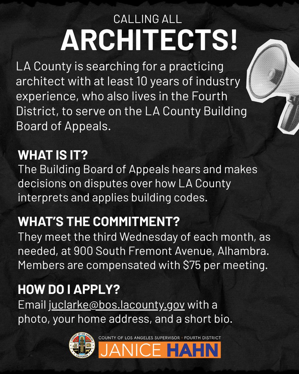 SupJaniceHahn's tweet photo. We have a vacancy on the LA County Building Board of Appeals, and I’m looking for a practicing architect with 10 years of industry experience who lives in the 4th District to fill this important role.

If you or someone you know is interested, email juclarke@bos.lacounty.gov. https://t.co/MvVky09N6u
