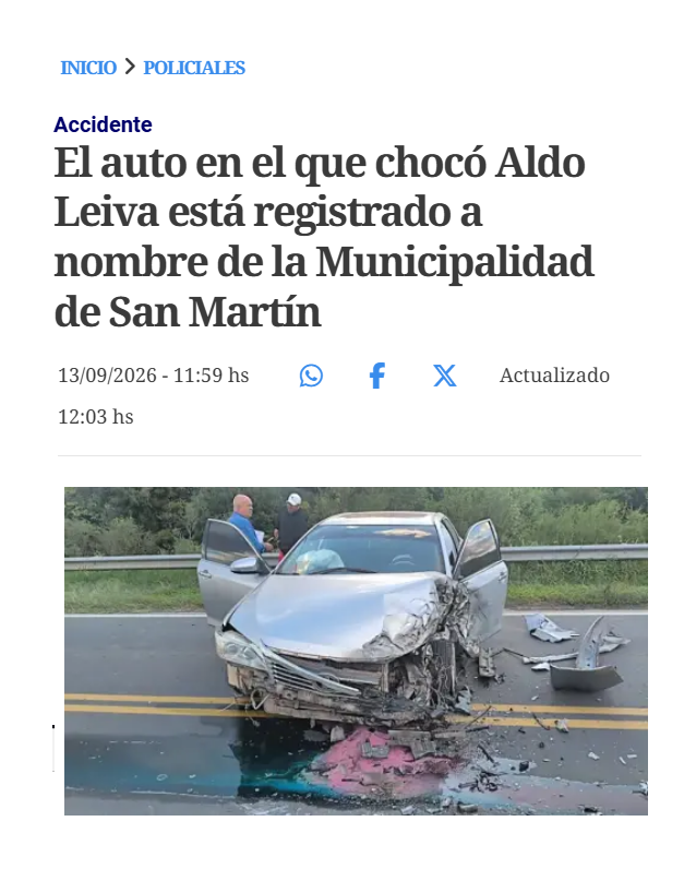 KalinaAnnGG's tweet photo. El auto que chocó el diputado kuka, Aldo Leiva, estaría registrado a nombre de la Municipalidad de San Martín, mismo municipio gobernado su hijo, Mauro Alejandro Leiva. No falla. https://t.co/BVgmQT3yfh