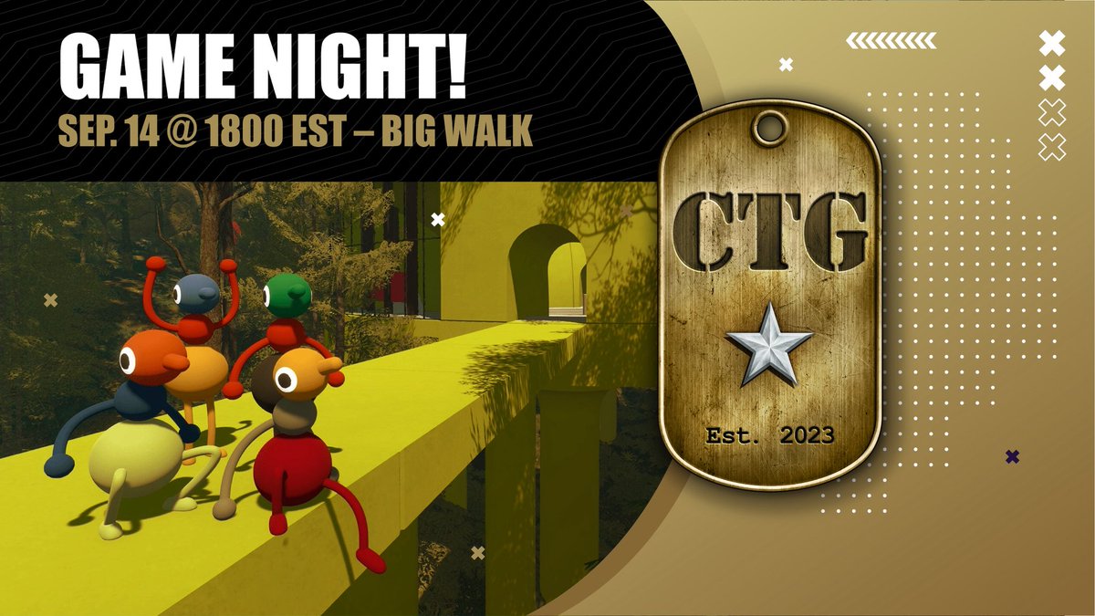 CombatTestedVFW's tweet photo. 🎮 CTG WEEKLY GAME NIGHT 🎮

🚶 BIG WALK IS ON THE MENU!

Join your host GremmieGhost this Monday, September 14th at 6 PM EST in the CTG Discord — Game Chat Bravo!

Come hang out, meet up with the community, and take a walk on the wild side. 😂

📅 Monday, September 14
⏰ 6:00 PM EST
🎮 Big Walk
💬 CTG Discord — Game Chat Bravo

Come game. Come hang out. Come be part of the community.

#CombatTestedGaming #CTG #WeeklyGameNight #BigWalk #VeteransGaming