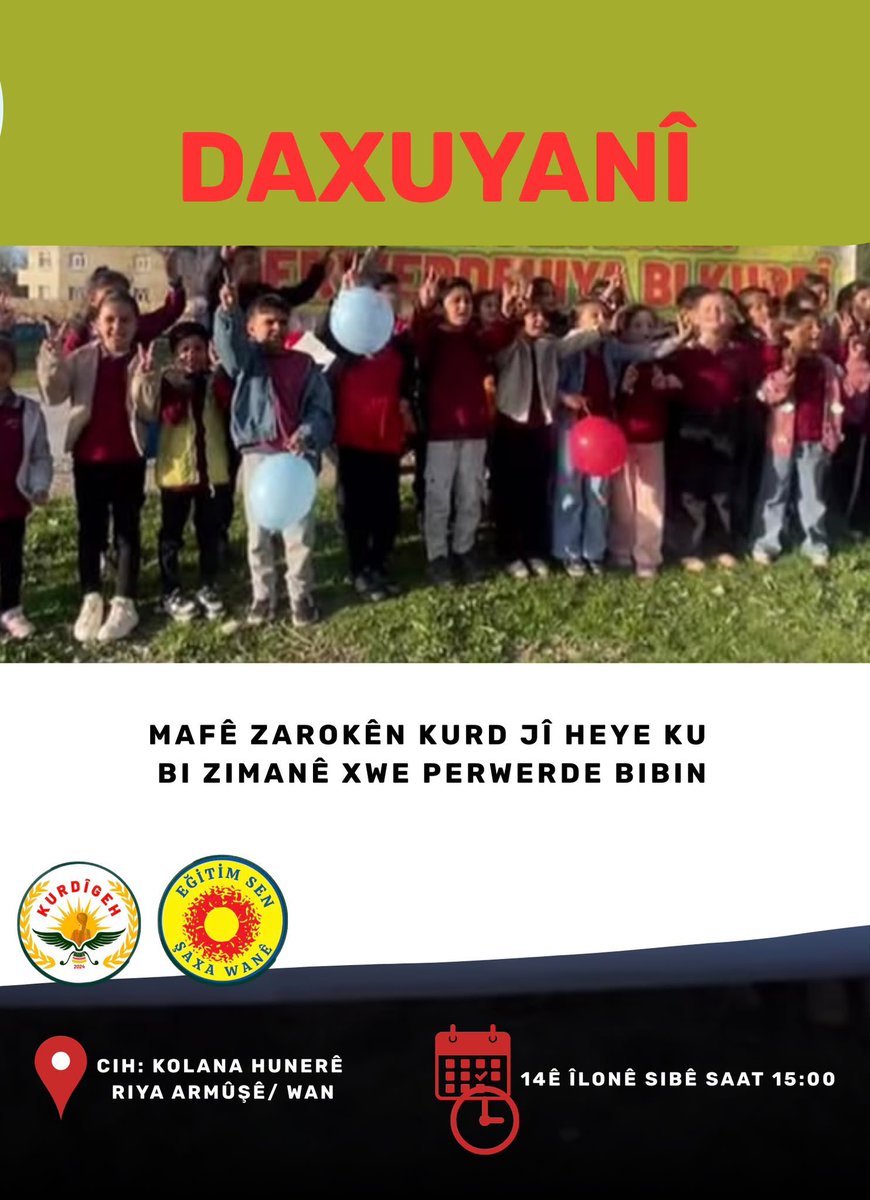 EgitimSenVan's tweet photo. Perwerdeya zimanê zikmakî mafek esasî ye. Ji bo mafê perwerdeya bi zimanê zikmakî em ê li qadê bin. 
Roja duşemê li Kolana Hunerê saet 15.00 an de li benda hemû endam û gelê xwe ne. https://t.co/t5jH9FUoPH
