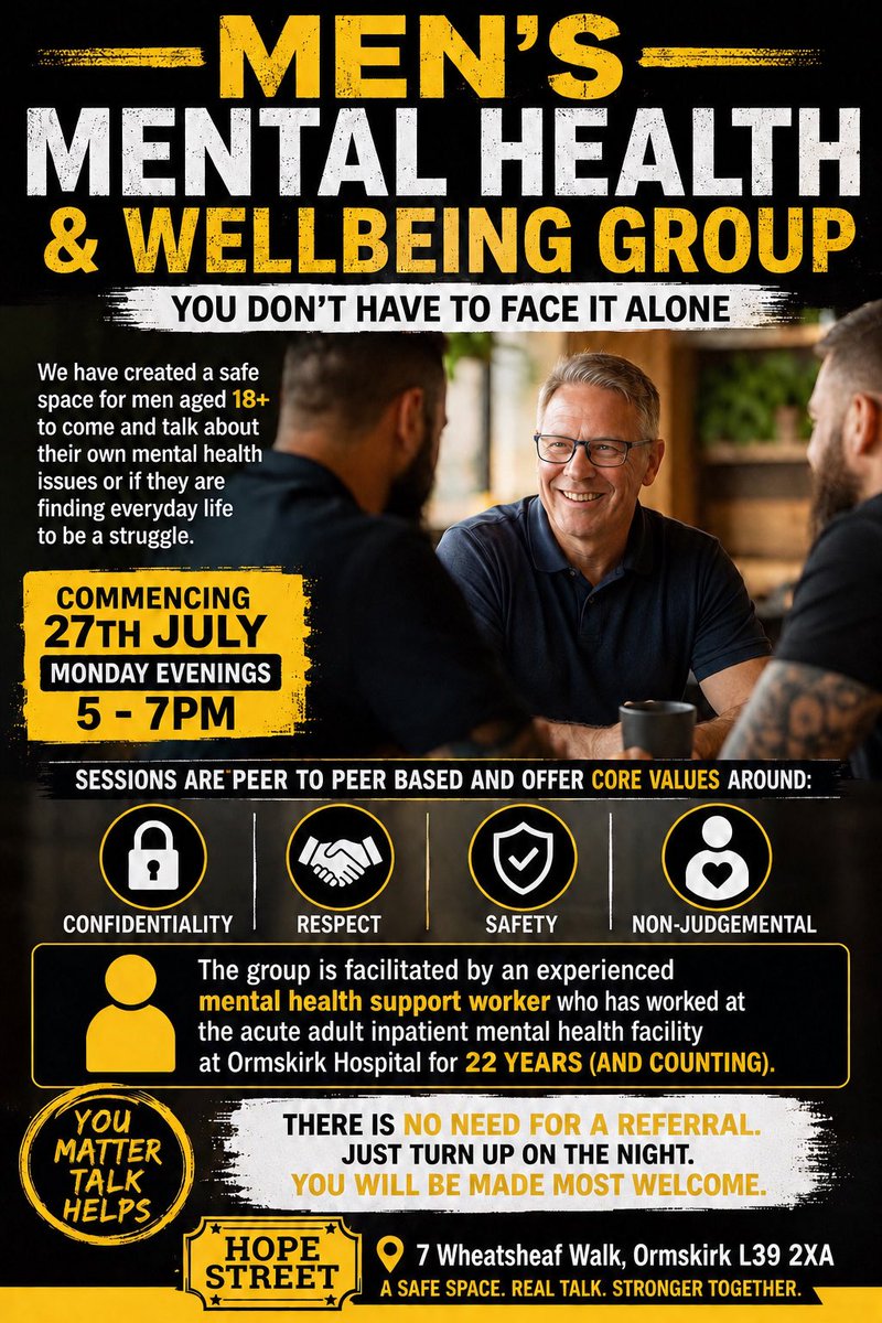 letstalkhopest's tweet photo. Menβs Mental Health Peer Support Group, Monday 14th September from 5 - 7 pm at 7 Wheatsheaf Walk, Ormskirk L39 2XA
#mensmentalhealth #peersupport #mensgroup #ormskirk https://t.co/Viw7uGslpW