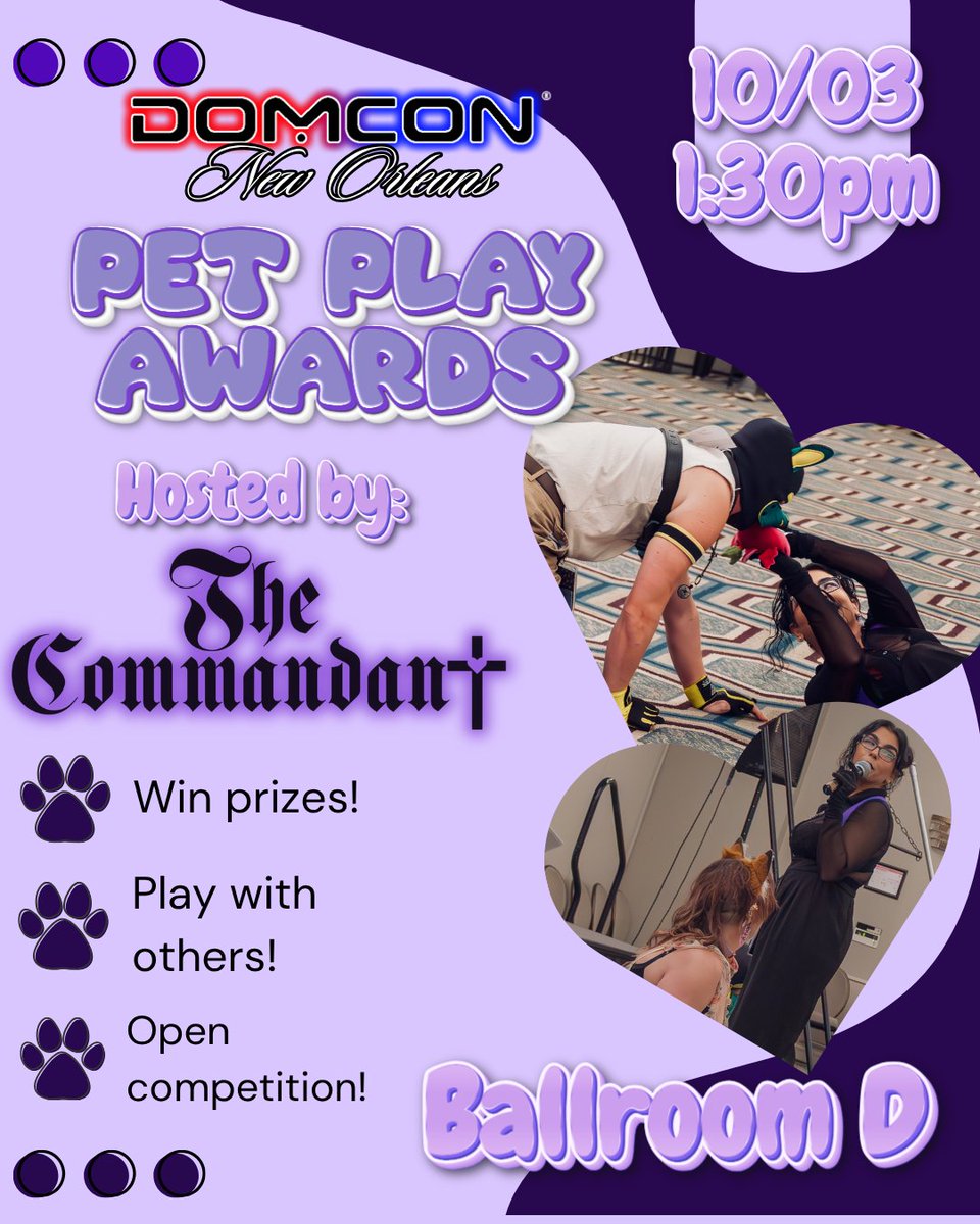 DomConLA's tweet photo. 🐾🏆 DOMCON 2026 PET AWARDS SHOW! 🏆🐾

Think you &amp; your pet have what it takes? Come compete in an OPEN competition hosted by @commandanttt 

Judges will score:
🐾 Agility
🐾 General Obedience
🐾 Unique Talents
No pre-qualifications or advance registration! https://t.co/R0hS8Nc54D