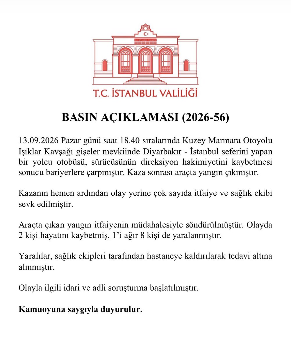 TC_istanbul's tweet photo. 13.09.2026 Pazar günü saat 18.40 sıralarında Kuzey Marmara Otoyolu Işıklar Kavşağı gişeler mevkiinde meydana gelen kaza ile ilgili basın açıklamamız…

🔗https://t.co/SUqMp4wslN https://t.co/tFpBKKiehu