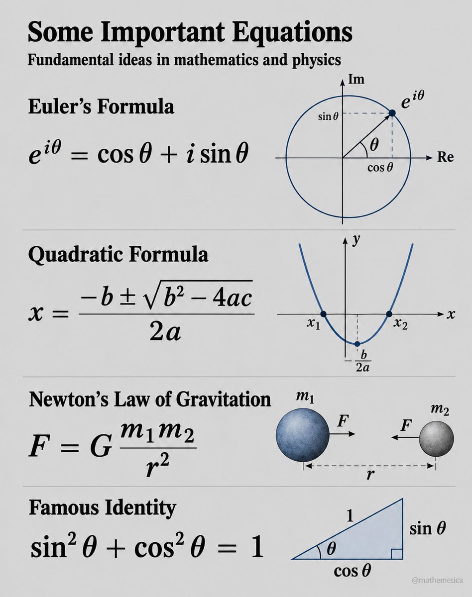 mathemetica's tweet photo. Four equations that quietly run the modern world.

- Euler: e^(iθ) = cos θ + i sin θ turns rotation into algebra - the engine of signals, Fourier analysis, and quantum phases.
- Quadratic: x = [−b ± √(b² − 4ac)] / 2a finds every parabola’s roots, from optics to ML loss surfaces.
- Newton: F = G m₁m₂ / r² still aims satellites and maps gravity.
- sin²θ + cos²θ = 1 is the Pythagorean pulse inside every rotation matrix.