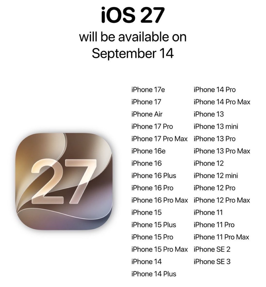 choquei's tweet photo. 🚨ATENÇÃO: Amanhã às 14h a Apple disponibilizará o novo iOS 27, confira quais modelos de iPhone irão receber a atualização. https://t.co/eQc9BS2DZZ