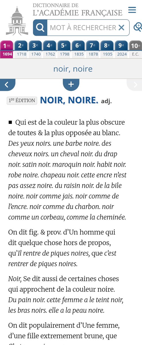 Is_He_This_Real's tweet photo. @Mellomusprime @TravelKing711 @John55950956518 @Coop3Big Mackys memoirs had a French edition. Black complexion is rendered teint noir. Noir means most opposite of white and can also described things that resemble the color black. Like black bread or skin color. This French dictionary was the governing authority on the French language. https://t.co/jldl3UUbqP