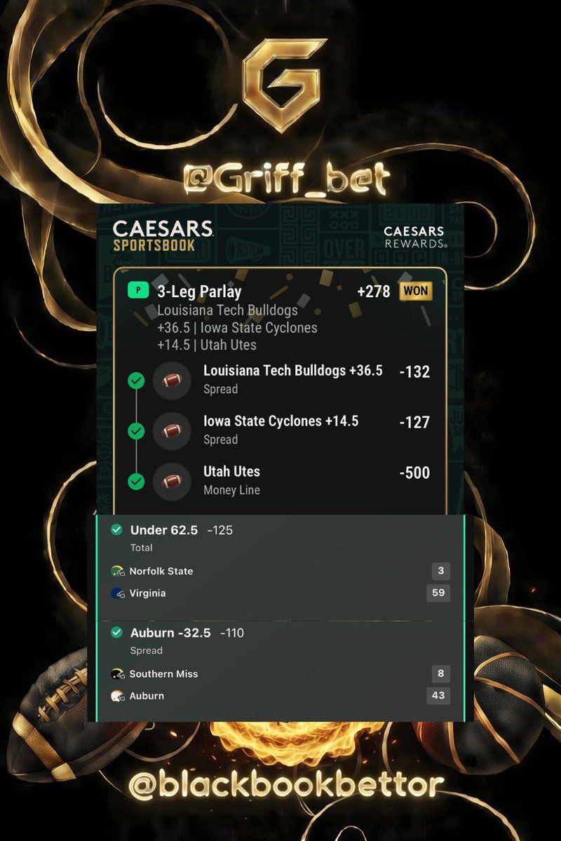 Griff_bet's tweet photo. Saturday dubs. On to Sunday 🏈😤come join us @BlackbookBettor free trial link in bio
#GamblingX #parlay #NCAAF #bet #football https://t.co/iQybMPAipq