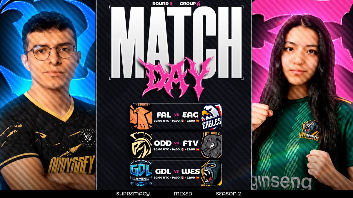 CR_Supremacy's tweet photo. 🚹️🚺 𝐌𝐀𝐓𝐂𝐇𝐃𝐀𝐘 - 𝐑𝐎𝐔𝐍𝐃 𝟑 - 𝐃𝐀𝐘 𝟐 ⚔️

🔥 NOW IT’S TIME FOR GROUP B! ⚔️

Today brings us direct qualification battles, with teams fighting for crucial points and a spot in the Playoff zone! 🏆📈

And the race for the group lead remains incredibly tight! 👀

🇪🇸 @Falcons_CR 🆚 @EGeSportsCR 🇬🇷
⏰: 20:00 UTC - 14:00 🇲🇽 - 22:00 🇪🇸
📺🇪🇸: https://t.co/TOheAE1nmv
📺🇪🇸: https://t.co/q5vw0ORYno
🎙️🇪🇸: @Recameca
📺🇧🇷: https://t.co/3g9cfD9s1m
🎙️🇧🇷: @Steveflacr

🇩🇪 @Oddyssey_offcl 🆚 @FtvCanarias 🇪🇸
⏰: 21:00 UTC - 15:00 🇲🇽 - 23:00 🇪🇸
📺🇪🇸: https://t.co/TOheAE1nmv
📺🇪🇸: https://t.co/q5vw0ORYno
🎙️🇪🇸: @Recameca
📺🇧🇷: https://t.co/3g9cfD9s1m
🎙️🇧🇷: @Steveflacr

🇲🇽 @GDL_GamingCR 🆚 @WeSports_CR 🇩🇪
⏰: 22:00 UTC - 16:00 🇲🇽 - 00:00 🇪🇸
📺🇪🇸: https://t.co/TOheAE1nmv
📺🇪🇸: https://t.co/q5vw0ORYno
🎙️🇪🇸: @Recameca
📺🇧🇷: https://t.co/3g9cfD9s1m
🎙️🇧🇷: @Steveflacr

#SMCY2026 #WeAreSL #ClashRoyale