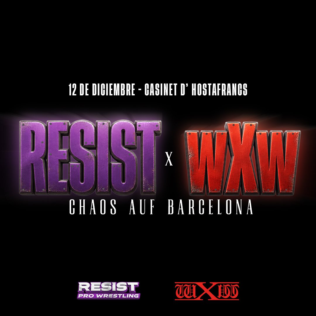 ResistPW's tweet photo. Apunta en el Calendario 📝📅

¡Día 12 de diciembre Resist Pro Wrestling y wXw unen fuerzas para dar vida a un show sin precedentes! 🤯

RESIST x wXw: Chaos Auf Barcelona 🇪🇸🇩🇪

El mejor talento nacional y el mejor talento europeo se enfrentarán cara a cara en una guerra sin cuartel. Combates imposibles, emociones a flor de piel y el mejor Wrestling. ¡No te lo pierdas! 👀

🎟️ ENTRADAS DISPONIBLES PRÓXIMAMENTE
