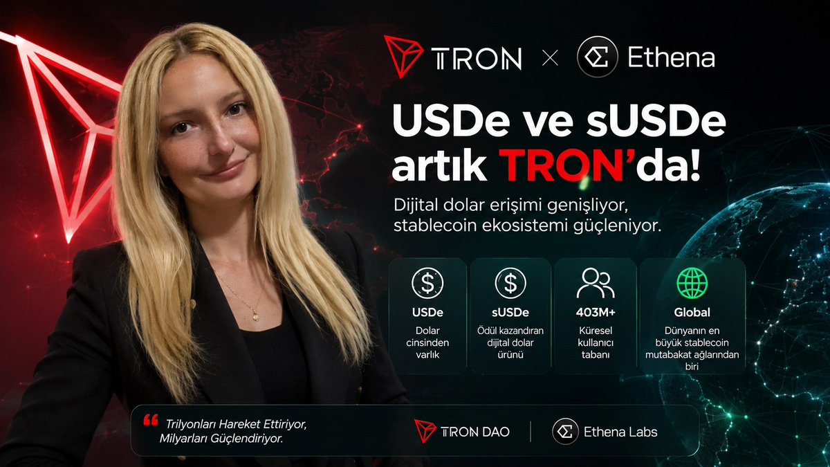 PelinayPA's tweet photo. 🚨 TRON x Ethena: USDe ve sUSDe artık TRON’da

Ethena’nın USDe ve sUSDe ürünleri TRON ağına geliyor.
Kullanıcılar artık bu varlıkları Stargate üzerinden TRON’a taşıyabilecek. Önümüzdeki dönemde JustLend DAO, https://t.co/EkTmfng7eT, cüzdanlar, borsalar ve ödeme uygulamalarındaki entegrasyonların da genişlemesi bekleniyor.

Peki benim için asıl önemli nokta ne? 
TRON zaten stablecoin transferleri ve özellikle USDT tarafında devasa bir likidite merkezine dönüşmüş durumda.
🔹 403M+ hesap
🔹 $94B+ USDT arzı
🔹 $28B+ TVL
🔹 15B+ toplam işlem

Şimdi bu ekosisteme USDe ve sUSDe gibi farklı bir dijital dolar modeli ekleniyor. Bence bu hamle Ethena açısından TRON’un devasa kullanıcı ve stablecoin likiditesine erişim için oldukça önemli.

TRON açısından ise farklı stablecoin modellerinin ekosisteme dahil olması, ağın yalnızca USDT transferlerinde değil, DeFi ve getiri odaklı dijital dolar ürünlerinde de kullanım alanını genişletebilir.

Özellikle sUSDe’nin TRON DeFi ekosisteminde nasıl konumlanacağını takip edeceğim.

TRON, yakın gelecekte stablecoin mutabakat katmanı olmanın ötesine geçip, dijital dolar ekonomisinin ana likidite merkezlerinden biri olabilir mi? Bence bu entegrasyon bu ihtimali güçlendiriyor. 👀
#TGF  #TronGlobalFriends @TronDao_Turkish @trondao
Ücretsiz #reklam
