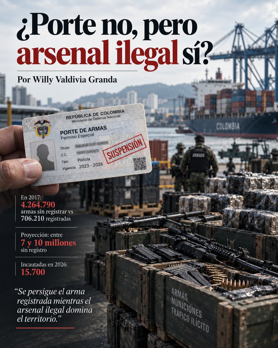 wvaldivia's tweet photo. ¿Porte no, pero arsenal ilegal sí?

Por Willy Valdivia Granda

Con el Decreto 1368 del 8 de septiembre, el Gobierno levantó la suspensión del porte de armas que regía desde 2018. No pasaron veinticuatro horas antes de que voceros de la oposición afirmaran que el porte legal disparó los homicidios en 2024 y 2025. En esos dos años el porte estaba suspendido. El debate volvió a girar sobre las armas que el Estado tiene inventariadas. De las otras nadie habló.

*En 2017, según Small Arms Survey, Colombia tenía 4.264.790 armas civiles sin registrar frente a 706.210 registradas. Seis ilegales por cada legal.* Con la metodología que publicamos en 2025 en la revista Frontiers in Big Data, proyectamos entre siete y diez millones de armas sin registro. En esa investigación analizamos 8.171 reportes sobre tráfico de armas en más de ochenta países entre 2014 y julio de 2024. Colombia encabeza la lista mundial con 2.040 reportes y pasó de 590 en 2022 a 1.372 en 2023, un aumento del 132 %.

Los puntos de entrada del tráfico de armas van del Pacífico al Amazonas, desde los puertos de Buenaventura, Santa Marta y Barranquilla y el paso fluvial de Leticia hasta los aeropuertos El Dorado y Alfonso Bonilla Aragón. Los reportes tienen picos entre febrero y mayo y se correlacionan con el narcotráfico. Las armas entran por donde entra la droga, y las mueven las mismas organizaciones, entre ellas el Clan del Golfo, el ELN, las disidencias, el Tren de Aragua, los carteles mexicanos y el Comando Vermelho brasileño.

Nada de esto escandaliza a quienes se oponen al porte y la tenencia de armas. Persiguen el arma que el Estado registró y puede rastrear, y no miran los siete a diez millones que circulan sin que se sepa en manos de quién. En lo que va del año, el Estado incautó 15.700; a ese ritmo, tardaría tres siglos en decomisar el arsenal que ya existe.

La evidencia tampoco les da la razón. La Fiscalía, en Armas y homicidios (2017), admitió que la relación entre disponibilidad y homicidio puede correr en ambos sentidos. Registró reducciones del 13 % en Bogotá y del 14 % en Cali durante restricciones al porte. El Laboratorio de Justicia y Política Criminal concluyó en 2022 que la evidencia sobre armas y homicidio no es clara, y que cerca de una de cada ocho imputaciones es por delitos de armas; los éxitos contra estructuras de tráfico son excepcionales.

Algunos sostienen que la intolerancia y las armas son la raíz de los homicidios. El censo de la Fiscalía dice otra cosa. Nueve de cada diez víctimas son hombres, el 63 % de los casos es sicariato y el 42 % de los muertos tenía antecedentes penales, la mayoría por drogas o porte ilegal. Las riñas existen y matan, pero no son las que mueven la tasa de homicidios; la mueven las armas que ningún decreto de porte toca.

Las cifras nacionales no ayudan a la tesis prohibicionista. La suspensión rigió de 2018 a 2026. Cali nunca bajó de 900 homicidios anuales eny ese lapso, y en el primer semestre de 2026 ocho de cada diez asesinatos se cometieron con arma de fuego. En el país, según Medicina Legal, los homicidios pasaron de 12.130 en 2018 a 14.780 en 2025. El año más violento de la década llegó con ocho años de prohibición encima y un 22 % más de muertos.

Colombia puede volver a suspender el porte mañana y tendrá menos ciudadanos con permiso, las mismas redes armadas y el mismo Estado ausente. No habrá recuperado el control de su territorio. Apenas habrá administrado, por decreto, su propia impotencia. ¿Porte no, pero arsenal ilegal sí? @generaljmora @RevistaSemana @estoescambio @elpaiscali @ElPaisAmericaCo @mindefensa @lasillavacia @YesidLancheros