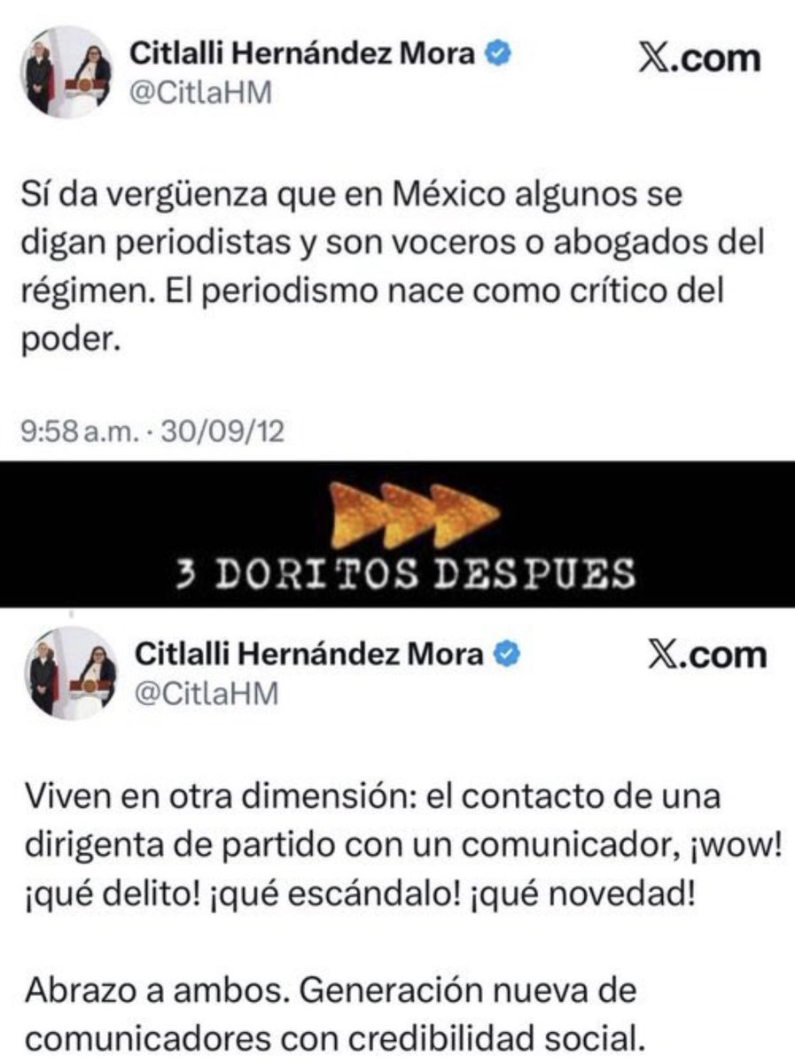PelonGomis's tweet photo. Oye @CitlaHM:

La congruencia no se demuestra cuando las circunstancias te favorecen... Se demuestra cuando las circunstancias te incomodan y tú acabas de dejar muy claro que no tienes el mismo criterio que tenías cuando las circunstancias no estaban del lado de morena.

Qué curioso que tus principios eran muy firmes cuando gobernaban tus adversarios, pero en cuanto morena llegó al poder, te olvidaste que tenías principios.
¡No puede existir congruencia si cambias tus principios dependiendo de si tu partido está o no está en el poder! 

Cambiar de opinión no es incongruencia, pero cambiar de criterio dependiendo de quién salga beneficiado, sí lo es.

Citlalli, antes condenabas a los periodistas porque los veías como "abogados" del régimen y hoy los justificas porque un periodista se acaba de comportar como "abogado" de morena.
El problema nunca fue ser abogado del régimen... ¡El problema era ser abogado del régimen equivocado!