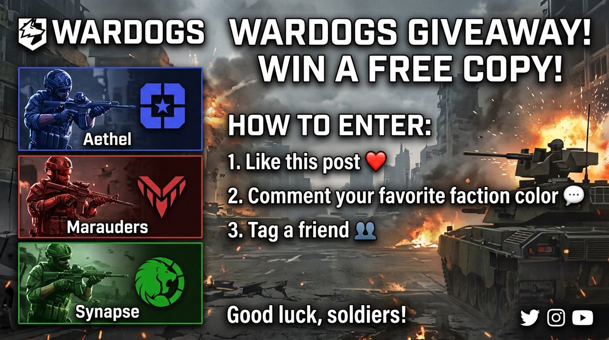 bulletbait604's tweet photo. 🔥 WARDOGS GAME GIVEAWAY! 🔥

Want to win a FREE copy of @WARDOGS ? Here is your chance to jump into the action!

To Enter:
1️⃣ Like this post ❤️ 
2️⃣ Comment your favorite faction color (Blue, Red, or Green) 💬 
3️⃣ Tag a friend in the comments 👥

📢 Winner will be selected Tuesday Sept 15 @ 10am PST LIVE at https://t.co/ZDHjsMAIoJ 
Good luck, soldiers!

#Wardogs #GamingGiveaway #PCGaming #Giveaway