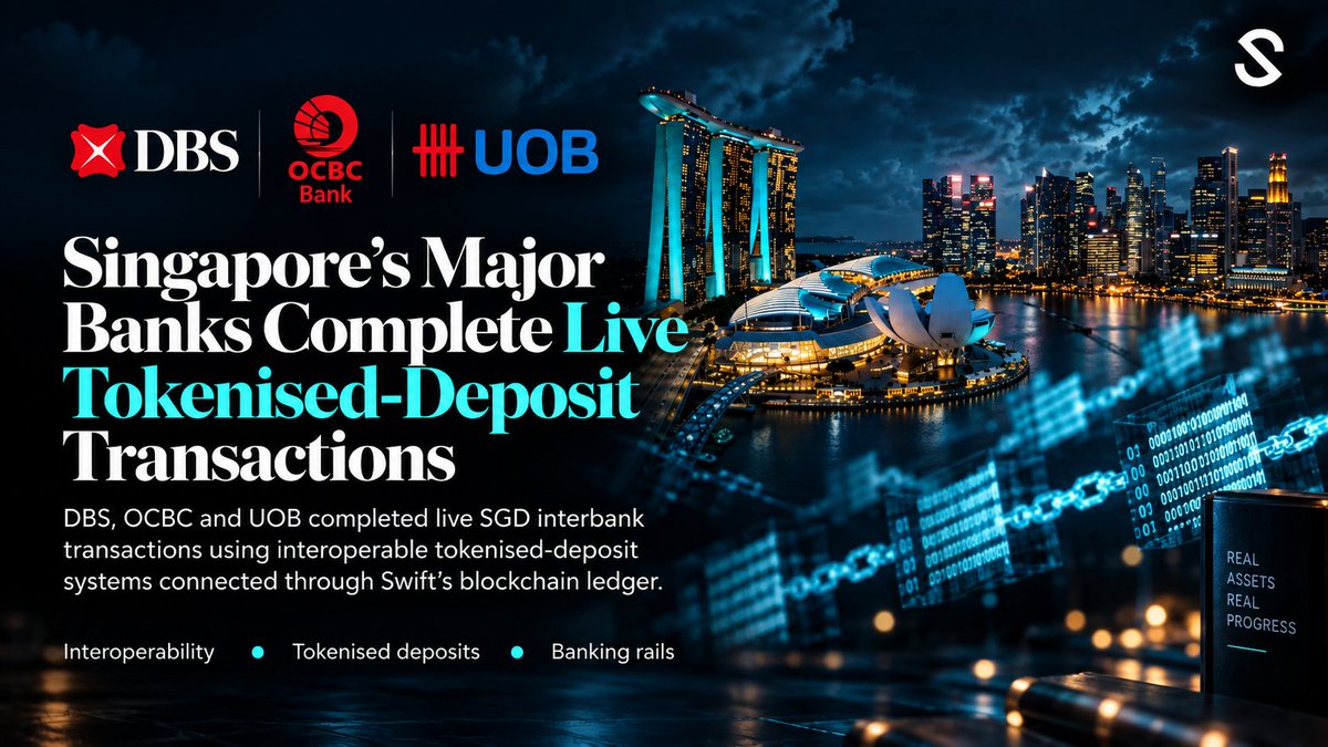 SLICERWA's tweet photo. Tokenisation becomes far more important when the money itself moves on-chain.

DBS, OCBC and UOB have completed live SGD interbank transactions using interoperable tokenised deposits connected through Swift.

Why it matters: tokenised assets ultimately need tokenised money to settle against. If banks can move regulated commercial bank deposits across interoperable blockchain rails, the path to faster, programmable and more automated capital markets becomes much clearer.

This is less about replacing banks, and more about upgrading the infrastructure they already use.

#Tokenisation #Banking #Blockchain #CapitalMarkets
