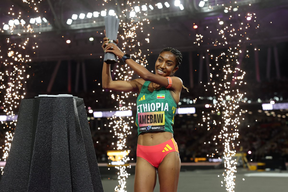 WorldAthletics's tweet photo. First title in the books 🤩

World leader, Likina Amebaw dominates the 5000m with 14:30.36 to win her first global title ‼️

#WorldAthleticsUltimate https://t.co/KOOYm5oCik