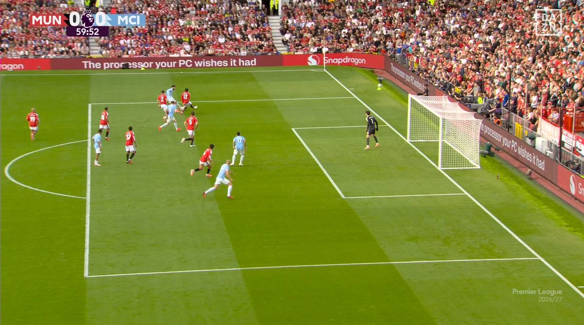 FutOffsides's tweet photo. 🚨❌ Ridiculous VAR blunder in the Manchester derby.

📸 Regardless of Haaland’s position, Enzo Fernández, who was in an obvious offside position, attempted to head the ball, having a clear impact on Lisandro.

⚠️ VAR focused only on Haaland and completely missed Enzo's offence. https://t.co/WUlqPZhjfy