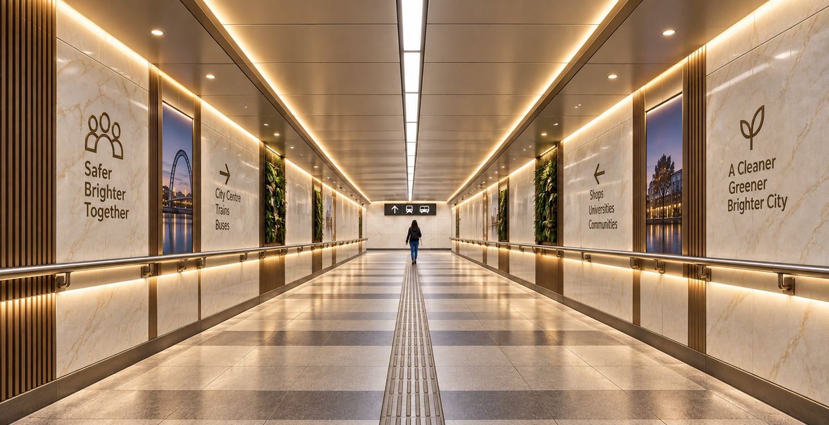 x_brum's tweet photo. A bit of fun but do we think Brum gets short changed with public realm improvements. Subway underneath Great Charles Street Queensway is pne example,  do you like the improvement made or not good enough for Brum. Is this what we should expect  or too clinical for Birmingham? https://t.co/rh76QzlM5I