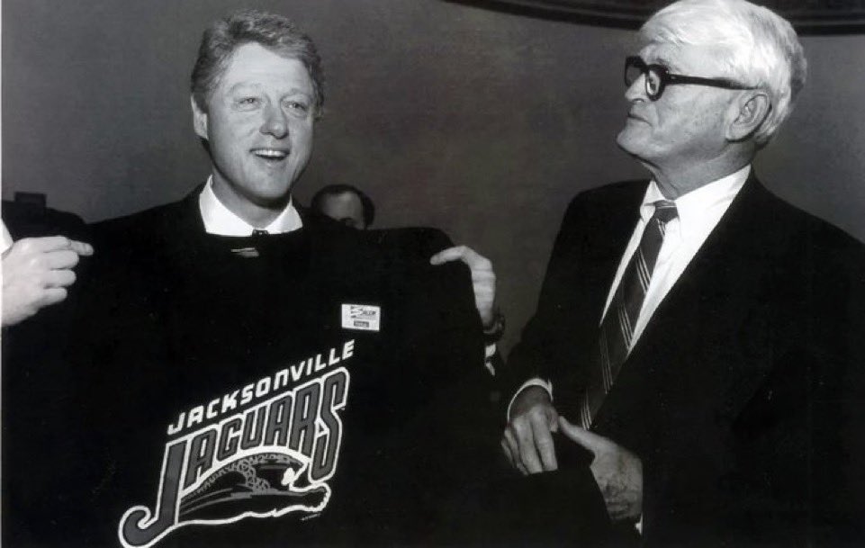 BoldCityBeat's tweet photo. President Bill Clinton being presented a Jaguars shirt by Jacksonville Mayor Ed Austin after Jacksonville was announced as an expansion city. 

Happy game day, Jacksonville!

📸: The Florida Times-Union https://t.co/0a0isFDWkj