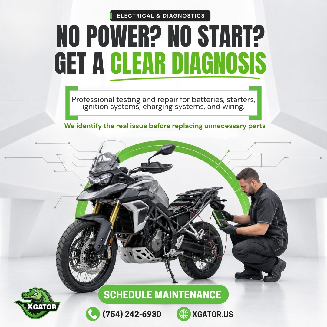ShaunCarradc's tweet photo. No power? No start? Get a clear diagnosis before replacing parts. XGator provides expert electrical testing and repair for batteries, starters, ignition, charging systems, and wiring. Schedule today: (754) 242-6930 https://t.co/BO5UB9cfFu