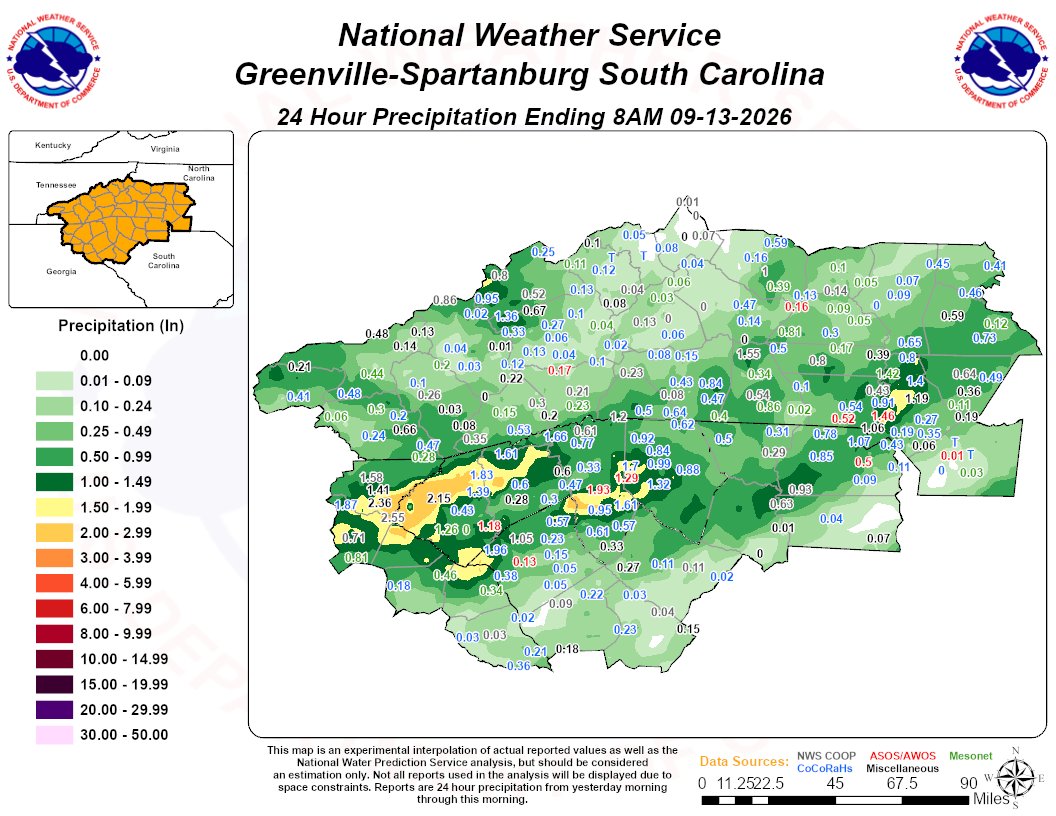 Map of the area showing rain totals from showers on Saturday. Highest amounts were in northeast Georgia and Upstate South Carolina, showing 1-3 inches that fell.