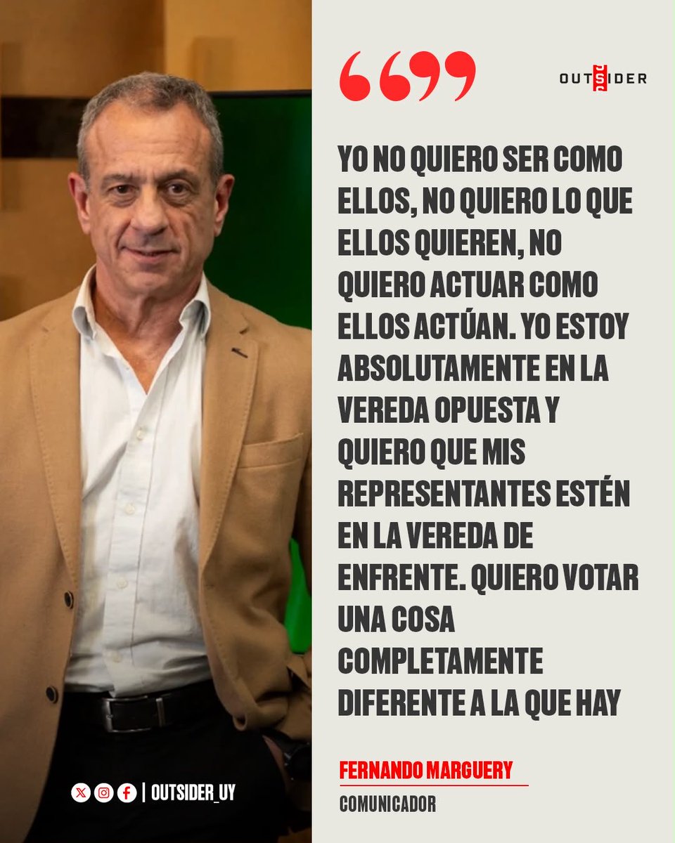 Outsider_uy's tweet photo. 🚨🇺🇾 | MARGUERY FIRME CONTRA EL FRENTE AMPLIO 

El comunicador Fernando Marguery aseguró que no comparte las ideas ni la forma de actuar del Frente Amplio y manifestó que busca una representación completamente diferente.

“Yo no quiero ser como ellos, no quiero lo que ellos quieren”, expresó.