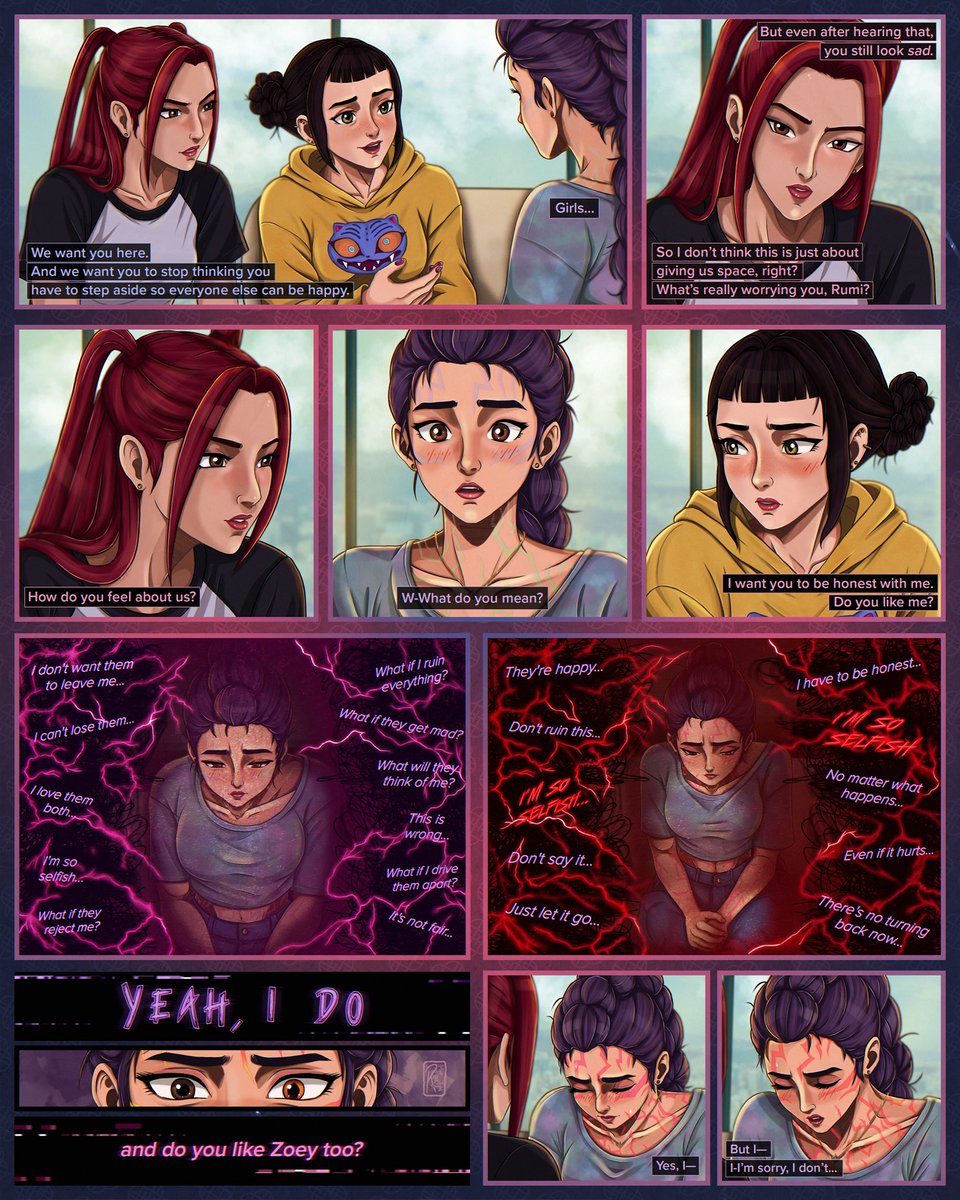 ranclyn_'s tweet photo. Resonance: Ch. 04/04 One More Note 
Part. 01

—
After finally coming to terms with the feelings she has developed for Zoey and Mira, Rumi finds herself facing a new conflict.

Since then, she has been intentionally keeping her distance, convinced that stepping aside was the right thing to do. As much as she enjoys spending time with them, a part of her still believes she shouldn't become any more involved.

She has known about the relationship they share for quite some time, and although she never intended to come between them, her feelings have made it increasingly difficult to find her place at their side.

However, when Zoey and Mira begin to notice this behavior, they decide it's time to talk about it.

Knowing Rumi won't say it on her own, Mira finally asks the question she's been waiting to hear answered—not because she doesn't know the truth, but because she needs Rumi to say it herself.

#KPOPDEMONHUNTERS #KPDH #Polytrix