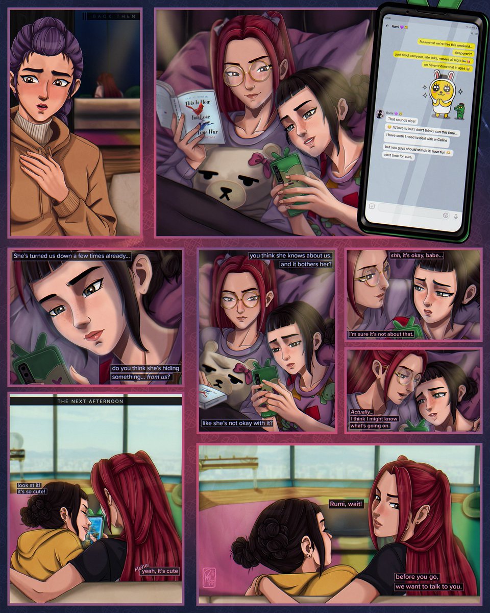 ranclyn_'s tweet photo. Resonance: Ch. 04/04 One More Note 
Part. 01

—
After finally coming to terms with the feelings she has developed for Zoey and Mira, Rumi finds herself facing a new conflict.

Since then, she has been intentionally keeping her distance, convinced that stepping aside was the right thing to do. As much as she enjoys spending time with them, a part of her still believes she shouldn't become any more involved.

She has known about the relationship they share for quite some time, and although she never intended to come between them, her feelings have made it increasingly difficult to find her place at their side.

However, when Zoey and Mira begin to notice this behavior, they decide it's time to talk about it.

Knowing Rumi won't say it on her own, Mira finally asks the question she's been waiting to hear answered—not because she doesn't know the truth, but because she needs Rumi to say it herself.

#KPOPDEMONHUNTERS #KPDH #Polytrix