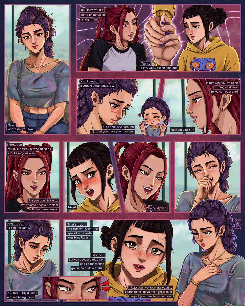 ranclyn_'s tweet photo. Resonance: Ch. 04/04 One More Note 
Part. 01

—
After finally coming to terms with the feelings she has developed for Zoey and Mira, Rumi finds herself facing a new conflict.

Since then, she has been intentionally keeping her distance, convinced that stepping aside was the right thing to do. As much as she enjoys spending time with them, a part of her still believes she shouldn't become any more involved.

She has known about the relationship they share for quite some time, and although she never intended to come between them, her feelings have made it increasingly difficult to find her place at their side.

However, when Zoey and Mira begin to notice this behavior, they decide it's time to talk about it.

Knowing Rumi won't say it on her own, Mira finally asks the question she's been waiting to hear answered—not because she doesn't know the truth, but because she needs Rumi to say it herself.

#KPOPDEMONHUNTERS #KPDH #Polytrix