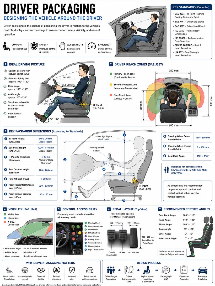 MillicentFatora's tweet photo. Driver packaging designs the vehicle around the driver: seat, steering wheel, pedals, controls, and visibility. Good ergonomics reduce fatigue, improve control, increase safety, and make every drive more comfortable. https://t.co/iSprHy5IuW