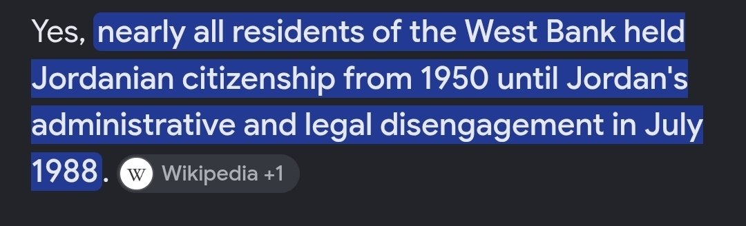 WolfieSBD's tweet photo. Every person in the West Bank was literally a Jordanian citizen until Jordan denatrualized then in 1988. All your claims about occupation of Palestine don't actually any sense in this context and in the context of 1967 borders. DEAL WITH REALITY OR YOU WILL LOSE EVERYTHING. https://t.co/fi4gMNIaVe