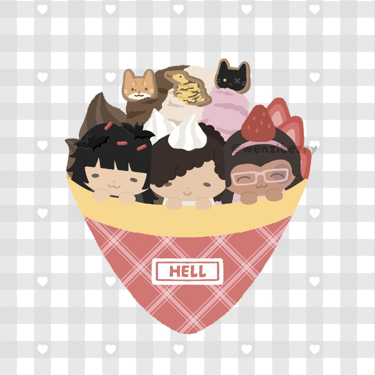 wenziberry's tweet photo. finished another crepe #commission! this was for a group of friends who each represented a neapolitan ice cream flavor, isnt that so cute 🥹 i also turned their pets into frosted cookies! https://t.co/bYMOjGLkjo