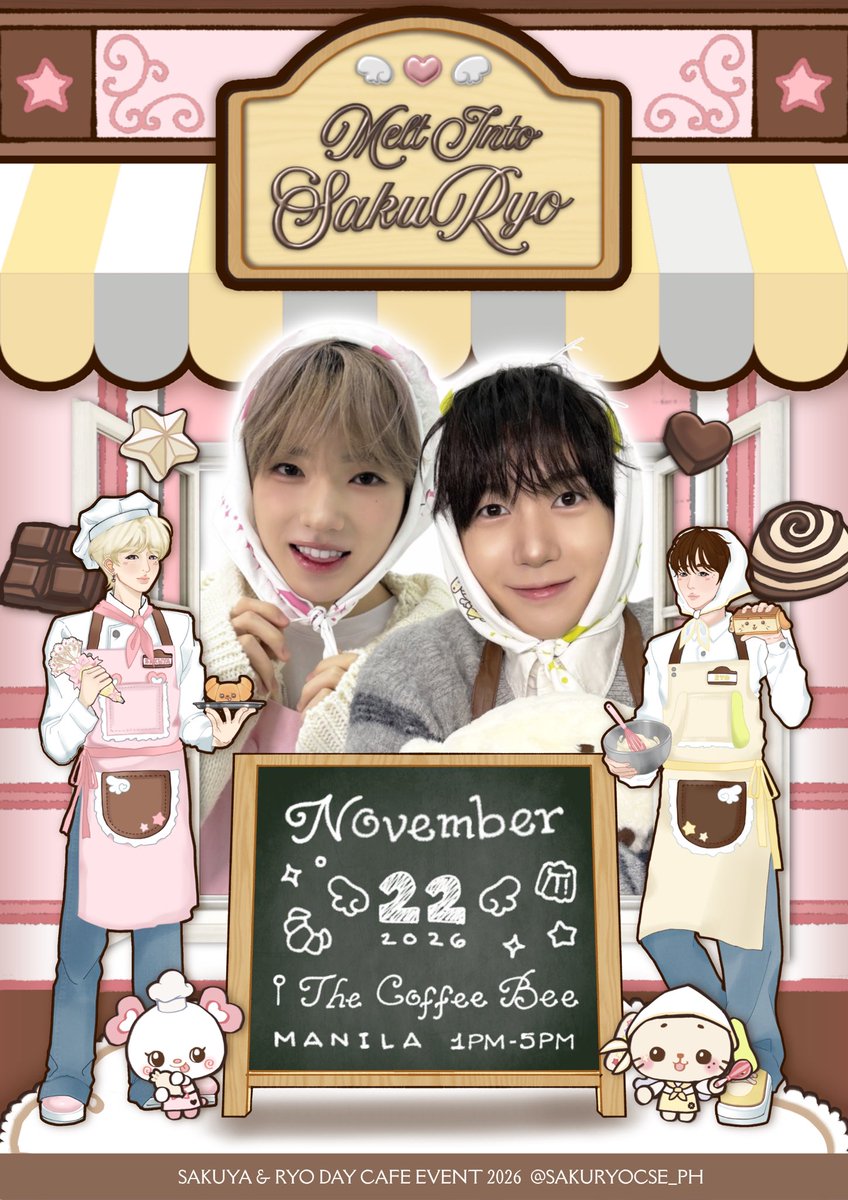 sakuryocse_ph's tweet photo. 🍰 Something sweet is in the air... ~ ⊹ ࣪ ˖

𑣲Melt into SakuRyo: A Sakuya &amp; Ryo Cupsleeve Event .ᐟ.ᐟഒ·˚

🧁November 22 (Sunday)
🧁The Coffee Bee, Manila
🧁1PM - 5PM
🧁Kit Price: ₱369

Pre-registration: 09/19, 7PM
General Registration: 09/20, 7PM

#MeltintoSakuRyo #SakuRyoCSE https://t.co/4IFaALF2eF