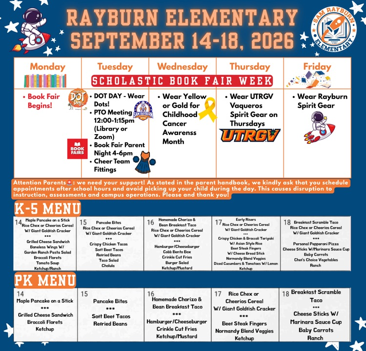 Rockets120's tweet photo. 🗓️ Mark your calendars for all the exciting things happening this week at Rayburn Elementary! 🧡💙🚀 September 14-18, 2026 https://t.co/0CtHCiIR4j
