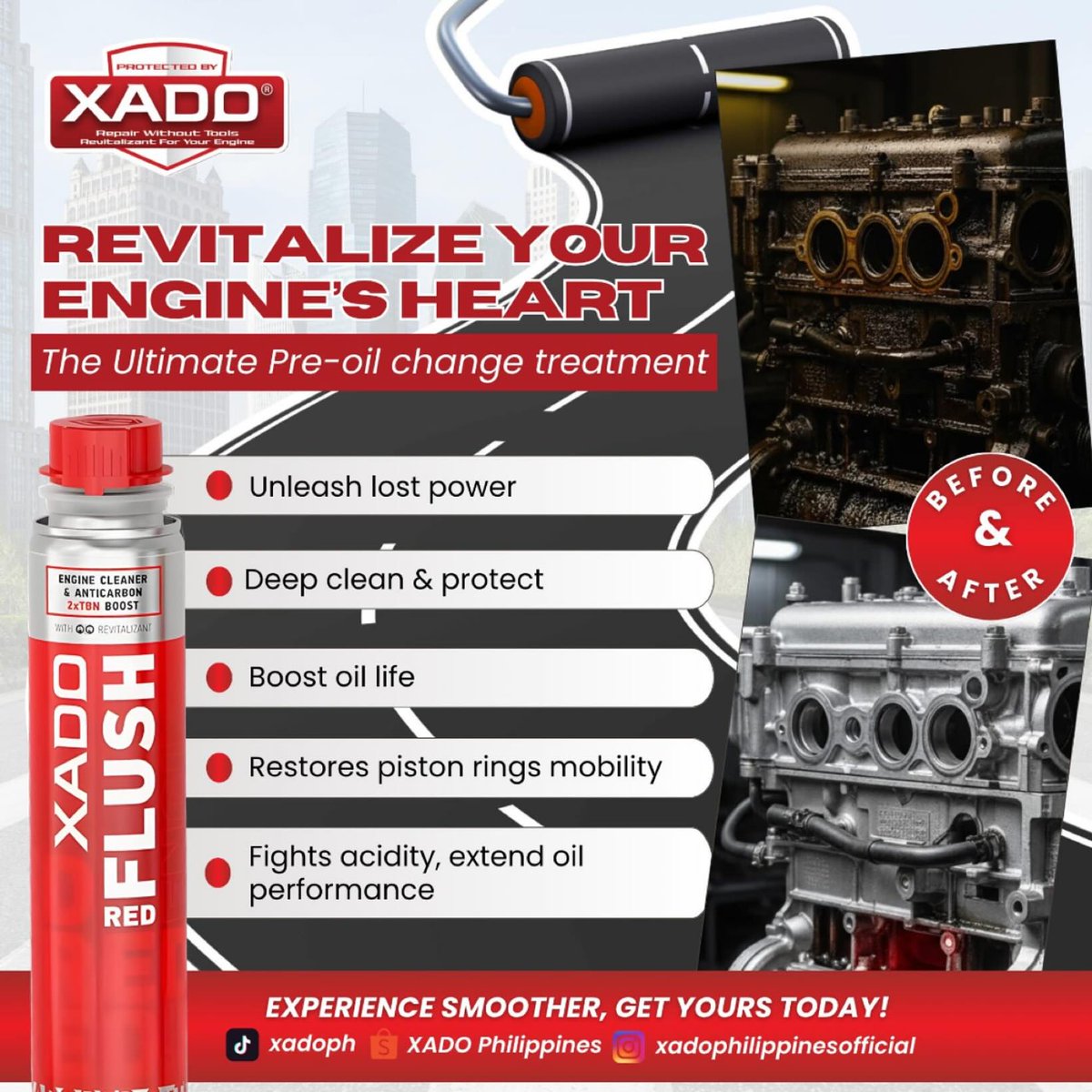 RichardKastvhy's tweet photo. Bring your engine back to life with XADO Flush Red. Remove dirt and deposits before your oil change for a cleaner, smoother, better-performing engine. Message XADO Philippines Official to order and save big. https://t.co/nEFbMwlba3