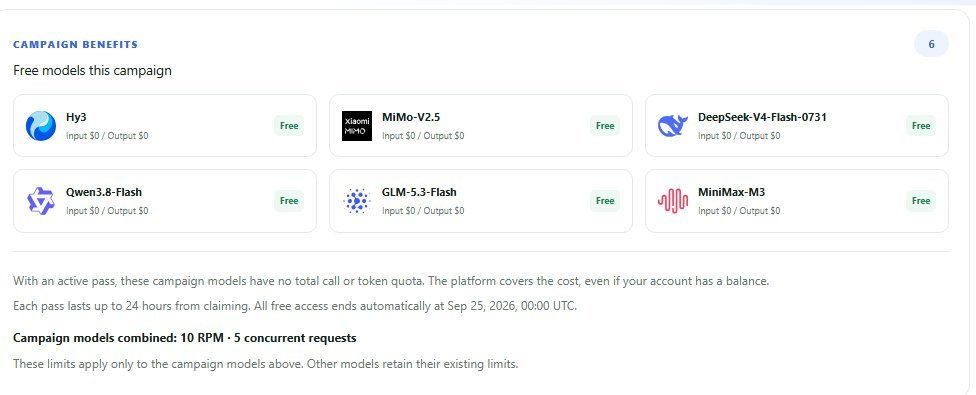 nahid_pro09's tweet photo. Stop paying for API testing bookmark this before it expires😳

nhxao is hosting a 100% free AI API campaign on cavoti featuring 6 models with $0 input / $0 output:
-Hy3
-MiMo-V2.5
-DeepSeek-V4-Flash-0731
-Qwen3.8-Flash
-GLM-5.3-Flash
-MiniMax-M3

the specs:
→no total call quota
→no total token quota
→10 RPM / 5 concurrent requests
→each pass lasts up to 24 hours
→ends September 25, 2026

Safety tip: register with email only  access link below👇